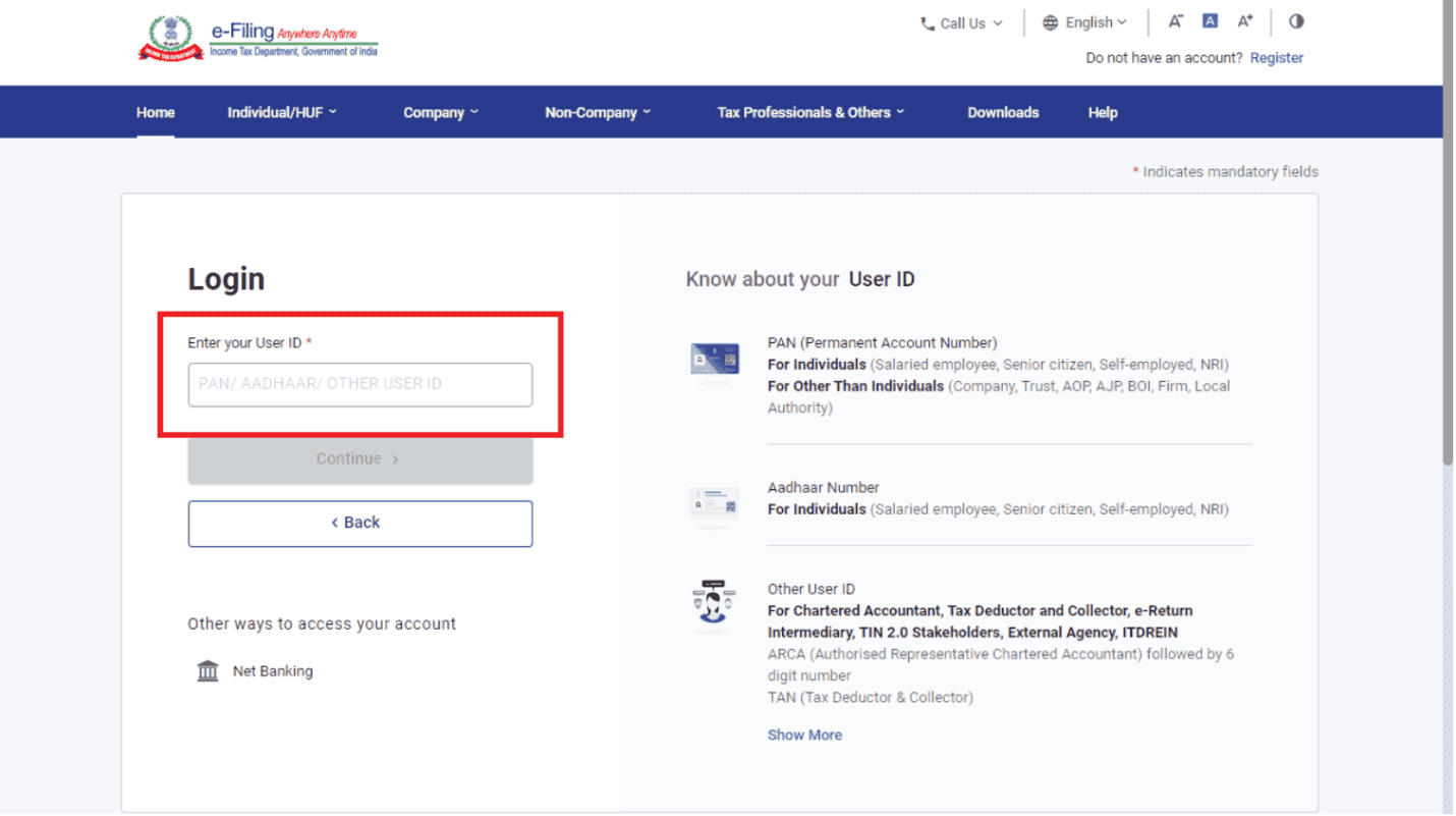 Login into the e-filing portal