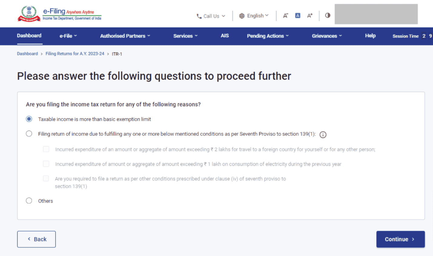 Select the Reason for filing your ITR